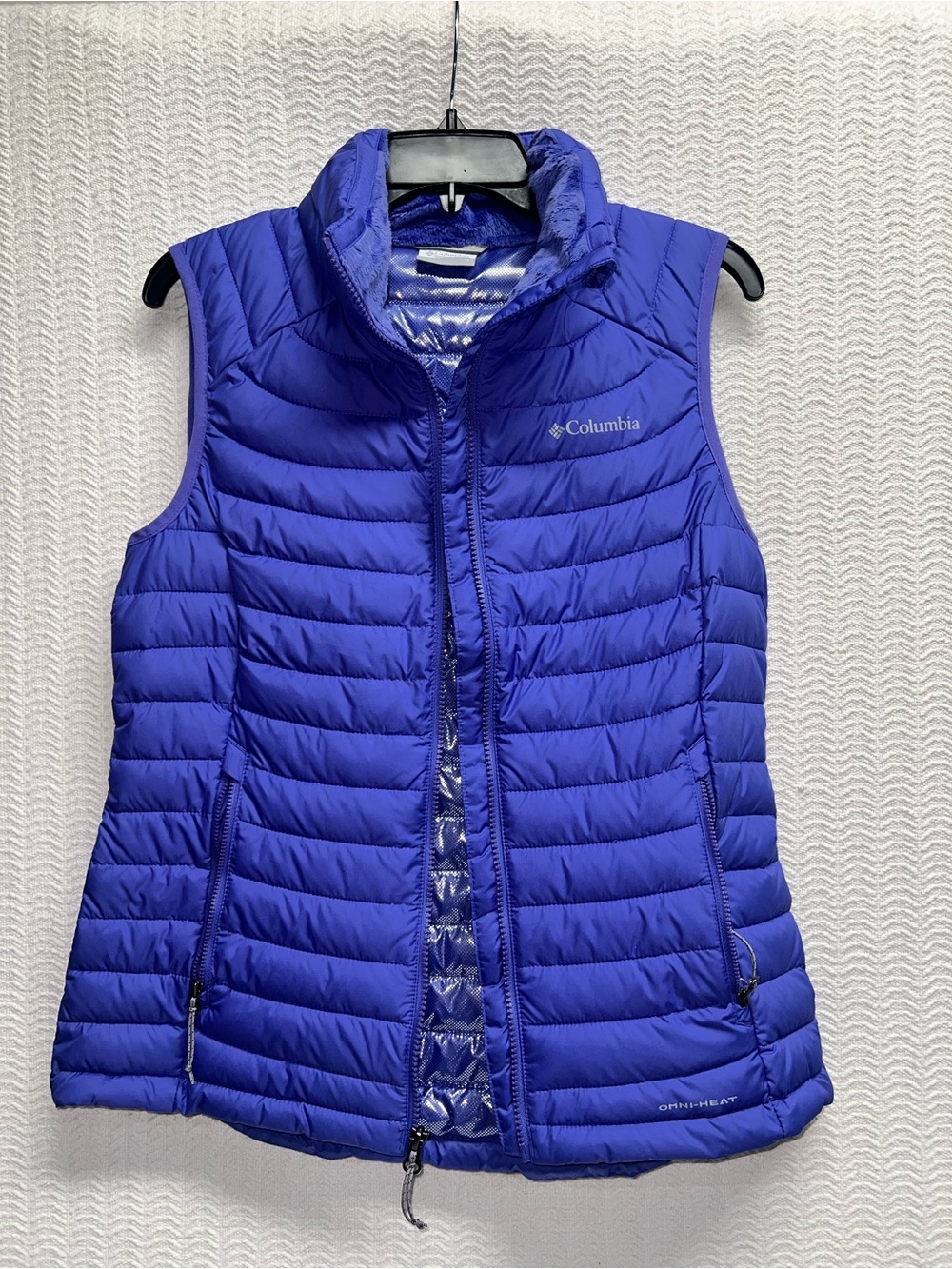 columbia / purple white out omni-heat puffer vest size medium